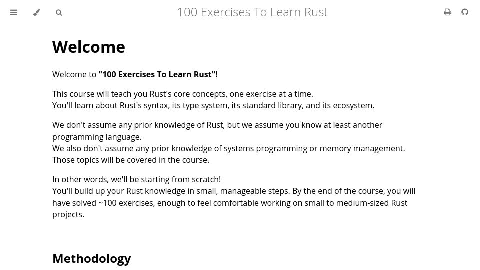 Screenshot of rust-exercises.com: Exercises to Learn Rust