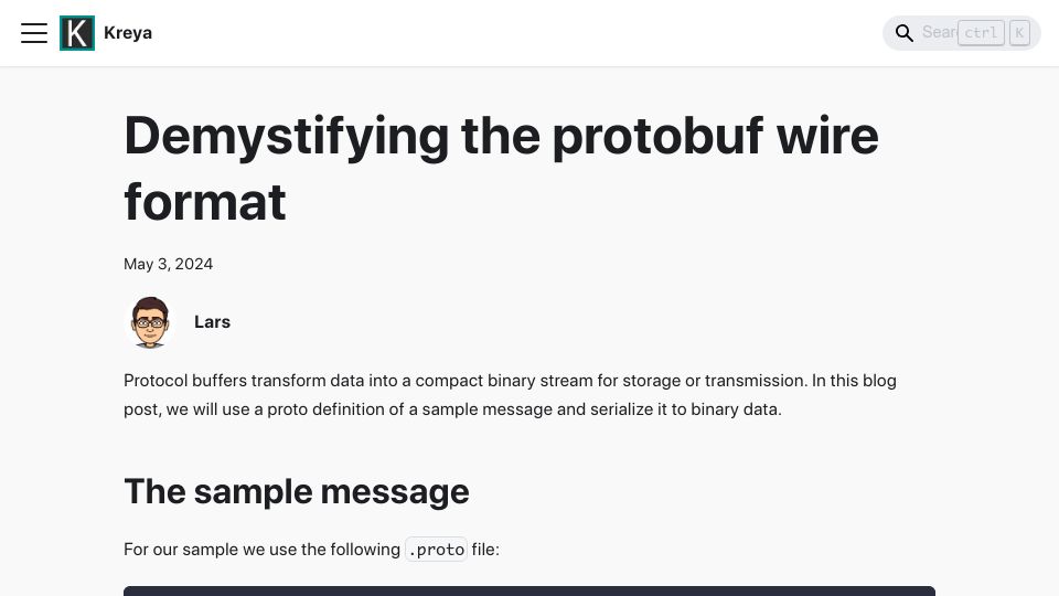 Screenshot of kreya.app: Demystifying the protobuf wire format