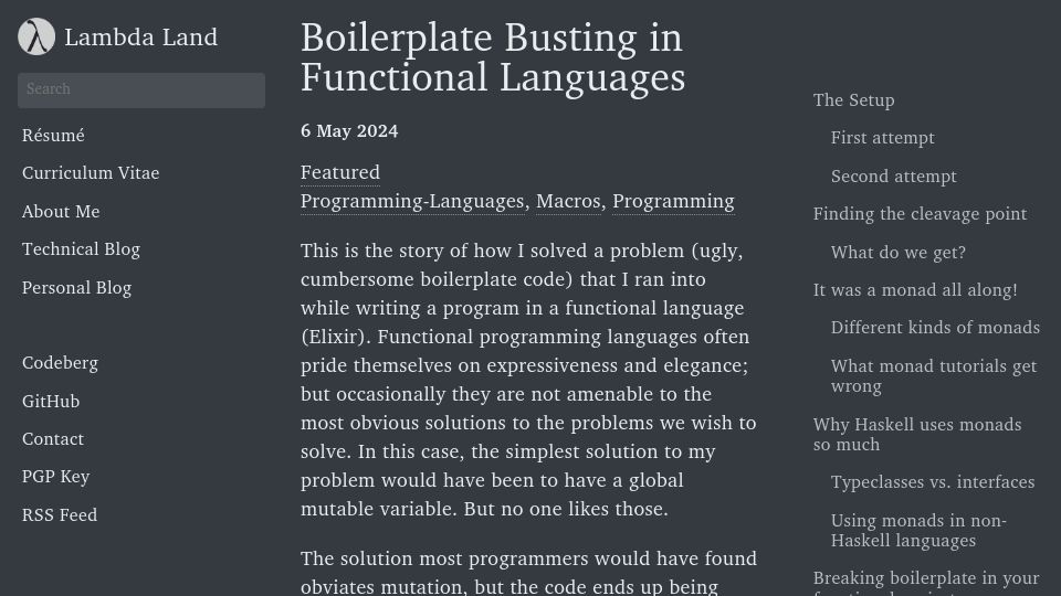 Screenshot of lambdaland.org: Boilerplate busting in functional languages