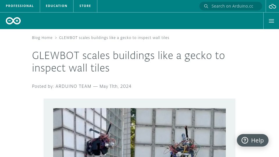 Screenshot of blog.arduino.cc: Glewbot scales buildings like a gecko to inspect wall tiles