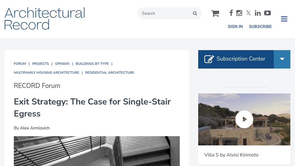 Screenshot of architecturalrecord.com: Exit Strategy: The Case for Single-Stair Egress