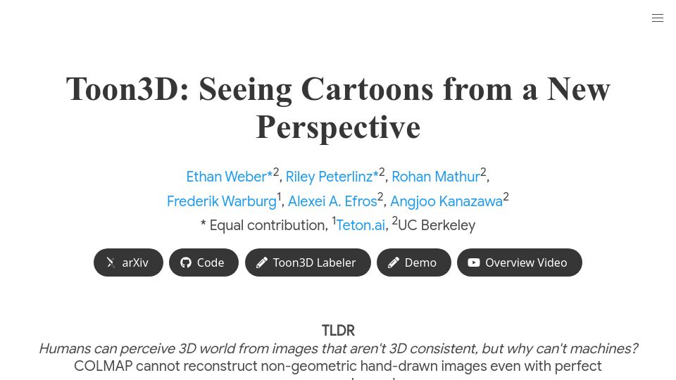 Screenshot of toon3d.studio: Toon3D: Seeing cartoons from a new perspective
