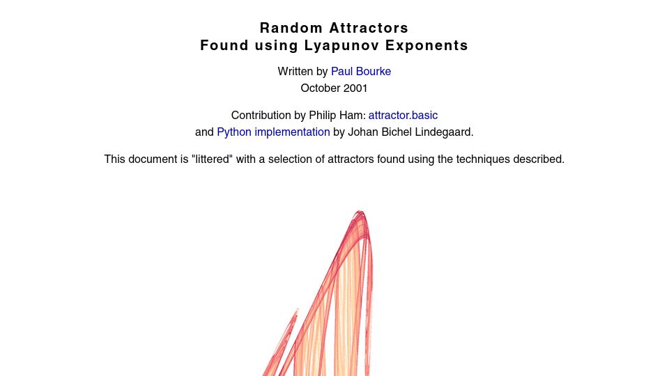 Screenshot of paulbourke.net: Random Attractors – Found Using Lyapunov Exponents (2001)