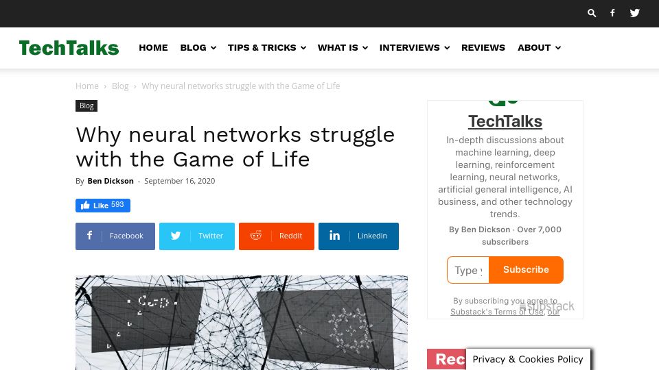 Screenshot of bdtechtalks.com: Why neural networks struggle with the Game of Life (2020)