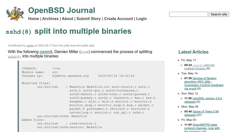 Screenshot of undeadly.org: OpenBSD – sshd(8) split into multiple binaries