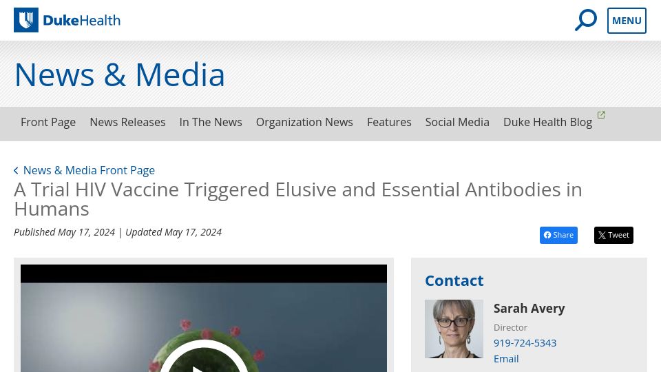 Screenshot of corporate.dukehealth.org: A Trial HIV Vaccine Triggered Elusive and Essential Antibodies in Humans