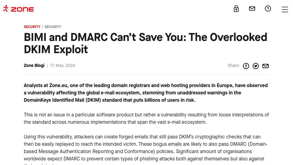 Screenshot of zone.eu: BIMI and DMARC Can't Save You: The Overlooked DKIM Exploit