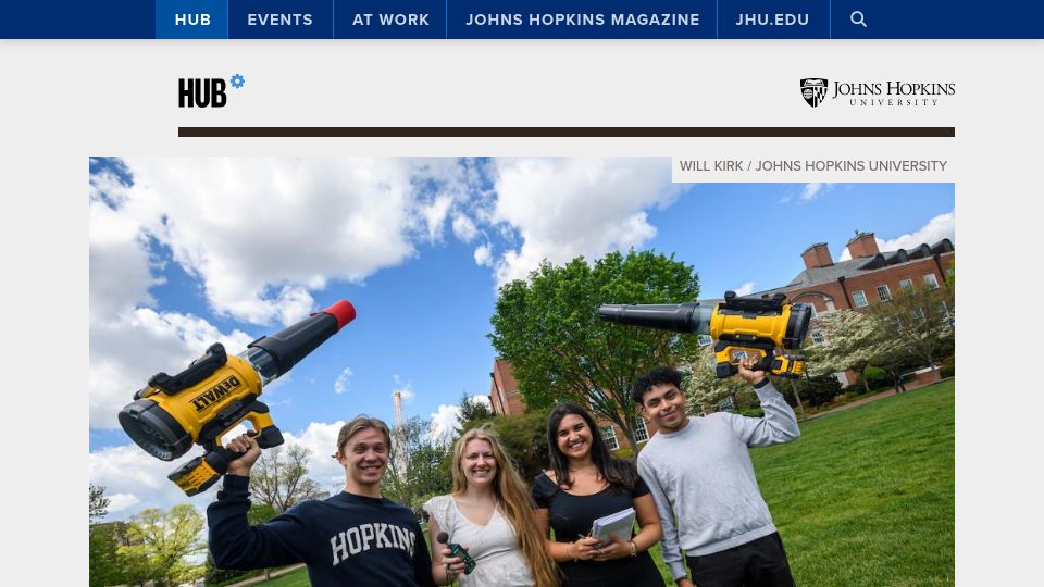 Screenshot of hub.jhu.edu: Students invent quieter leaf blower