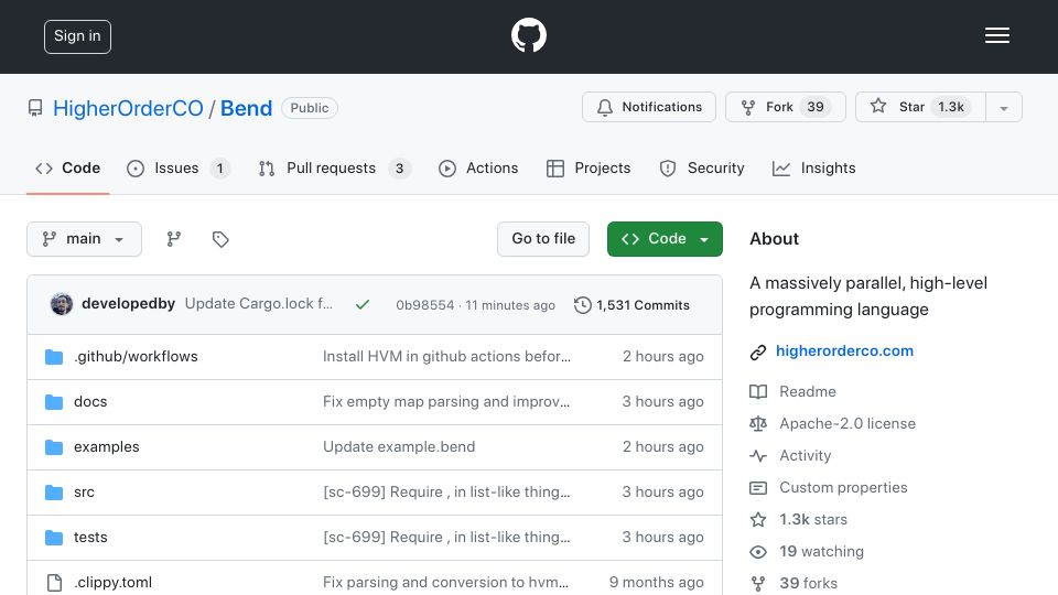 Screenshot of github.com: Bend: a high-level language that runs on GPUs (via HVM2)