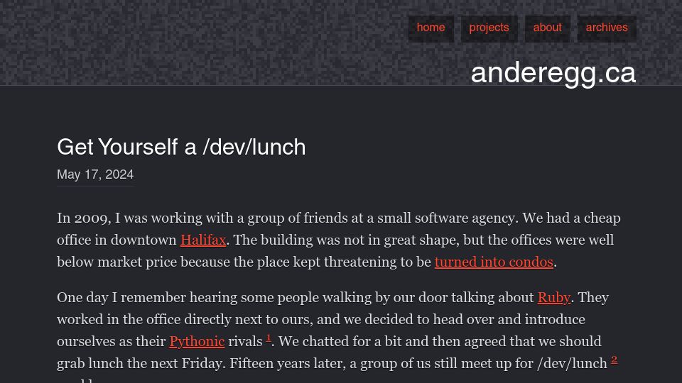 Screenshot of anderegg.ca: Get Yourself a /dev/lunch