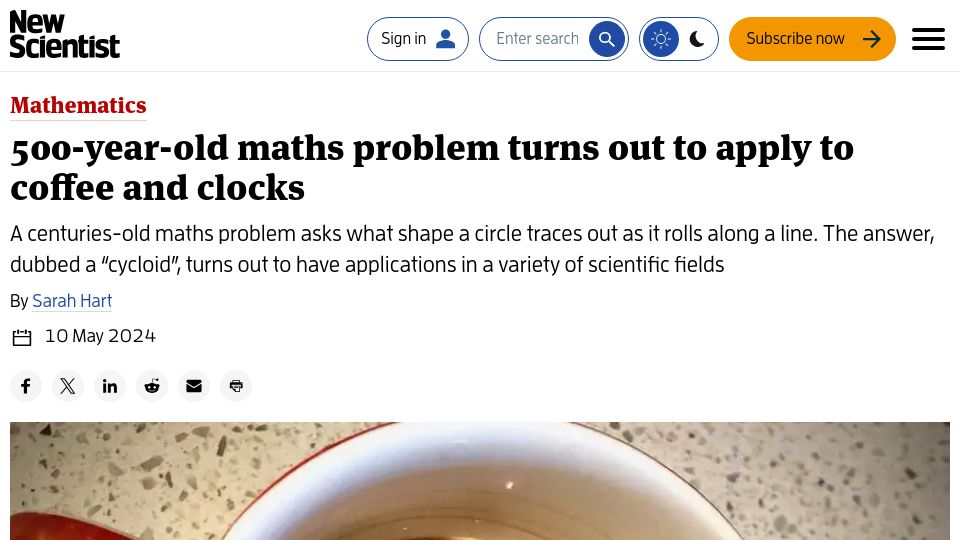 Screenshot of newscientist.com: 500-year-old maths problem turns out to apply to coffee and clocks