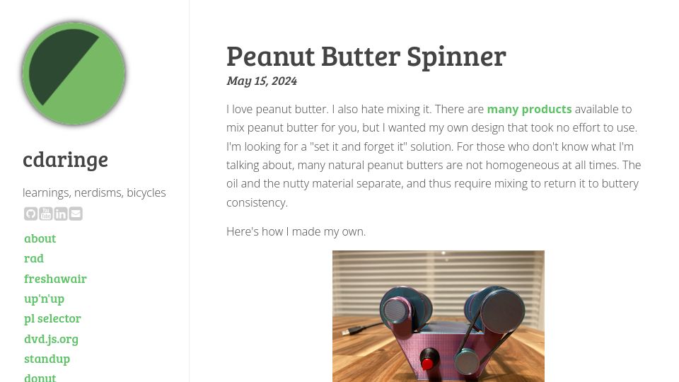 Screenshot of cdaringe.com: Show HN: Peanut Butter Spinner