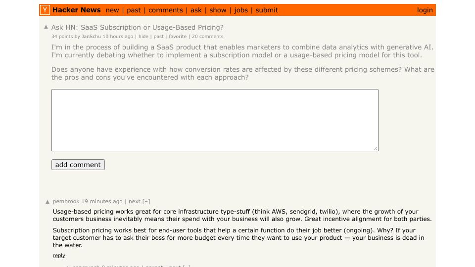 Screenshot of Hacker News post: Ask HN: SaaS Subscription or Usage-Based Pricing?