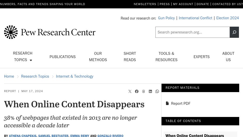 Screenshot of pewresearch.org: 38% of webpages that existed in 2013 are no longer accessible a decade later