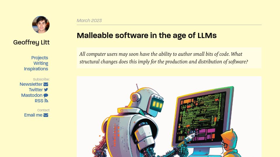 Screenshot of geoffreylitt.com: Malleable software in the age of LLMs (2023)