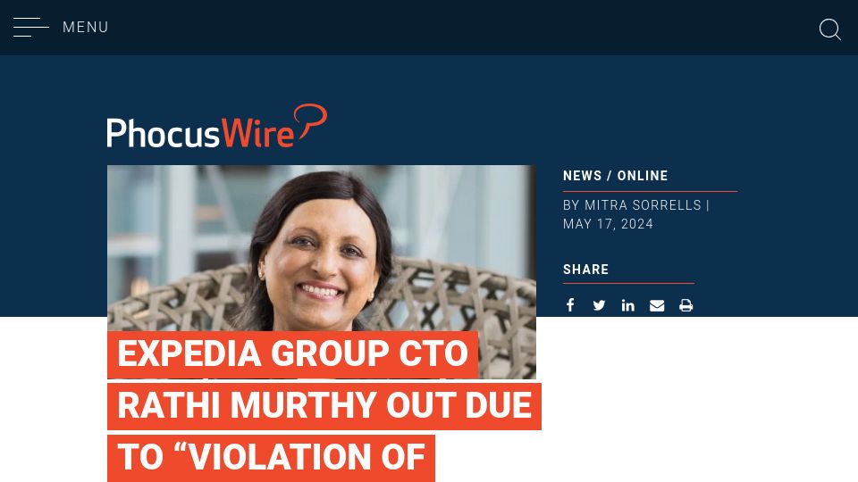 Screenshot of phocuswire.com: Expedia Group fired their CTO, Rathi Murthy