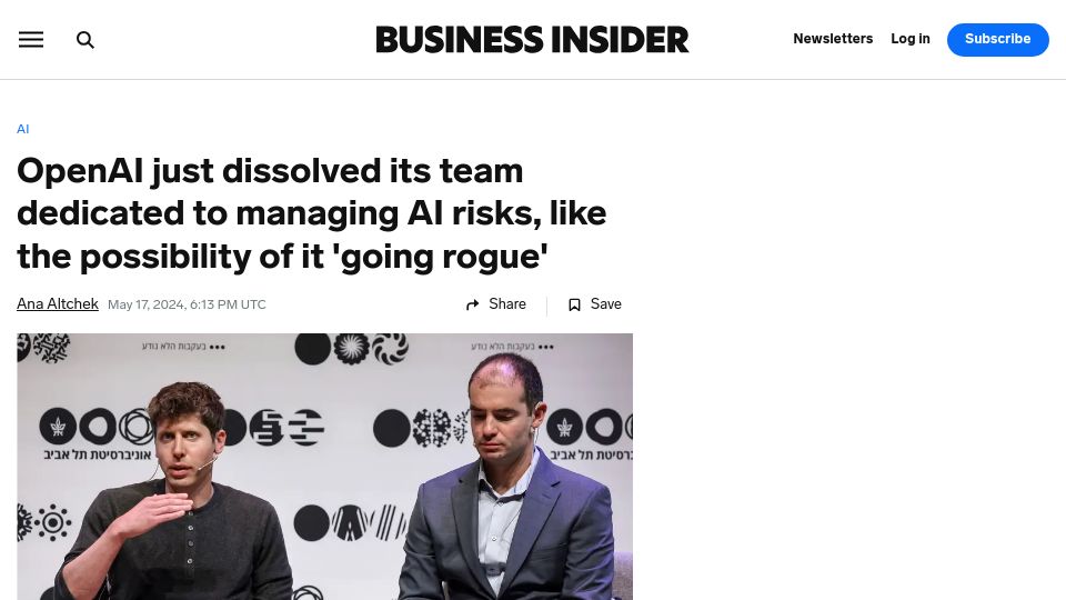 Screenshot of businessinsider.com: OpenAI Scraps Team That Researched Risk of 'Rogue' AI