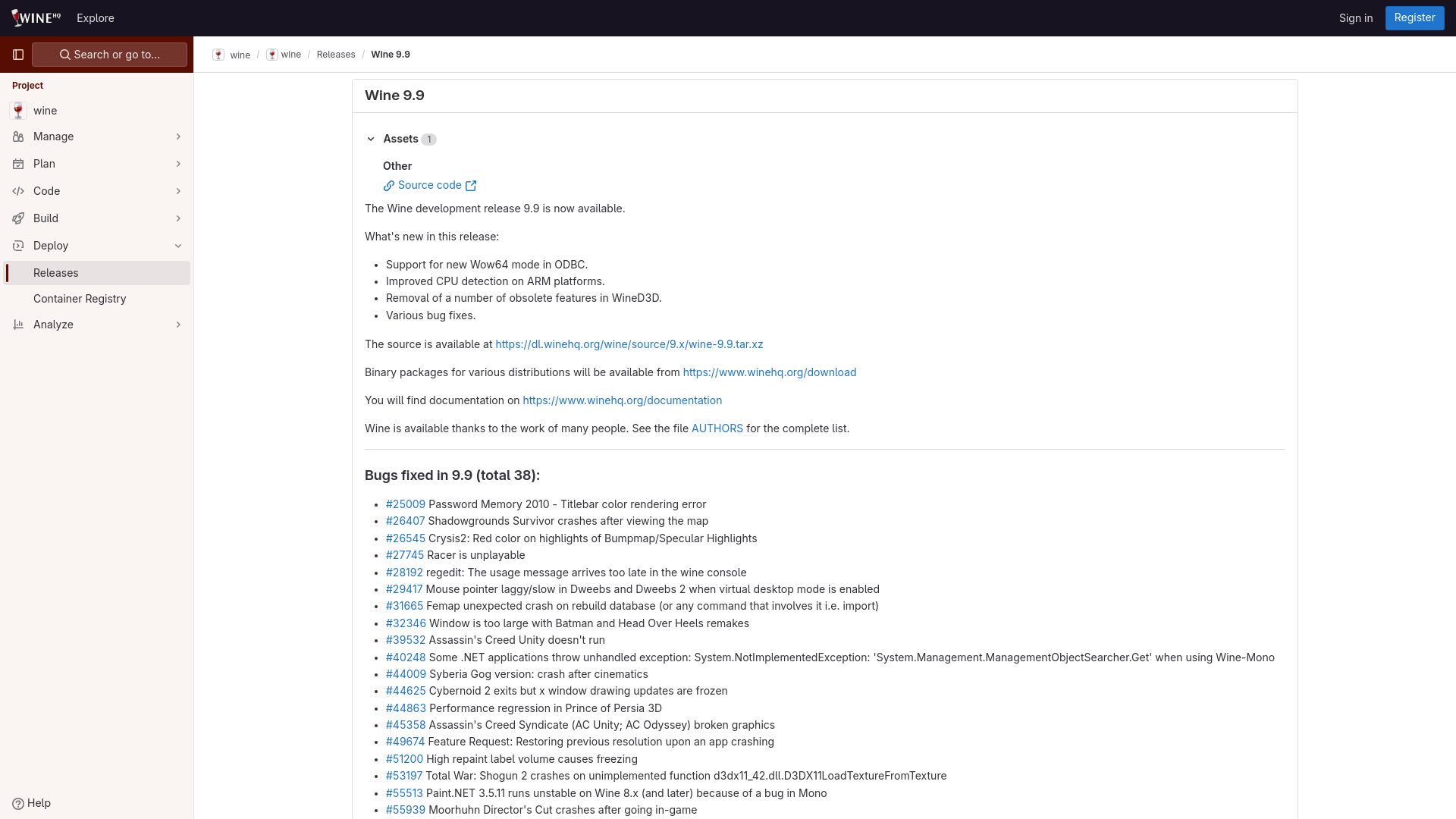 Screenshot of gitlab.winehq.org: Wine 9.9 (Dev) – Run Windows Applications on Linux, BSD, Solaris and macOS
