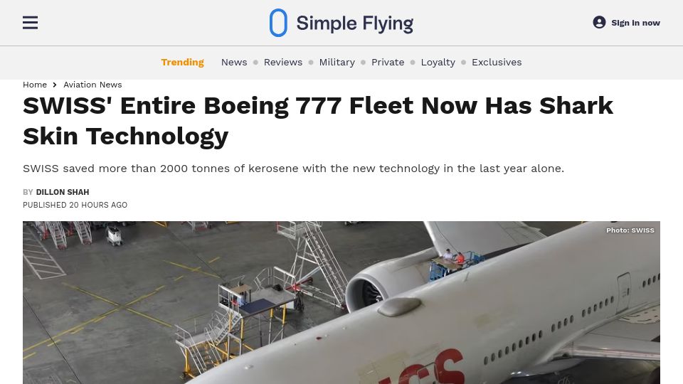 Screenshot of simpleflying.com: Swiss' Entire Boeing 777 Fleet Now Has Shark Skin Technology