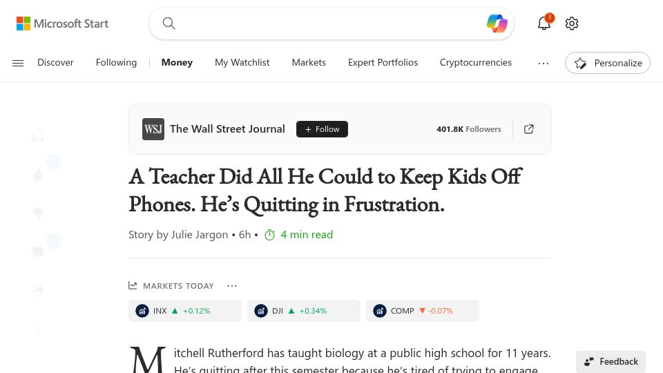 Screenshot of msn.com: A Teacher Did All He Could to Keep Kids Off Phones. He's Quitting in Frustration