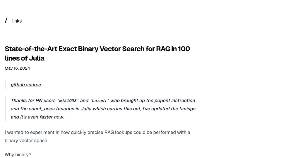 Screenshot of domluna.com: Exact binary vector search for RAG in 100 lines of Julia