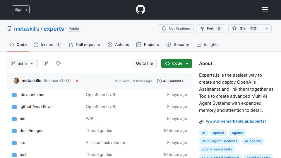 Screenshot of github.com: Multi AI agent systems using OpenAI's assistants API