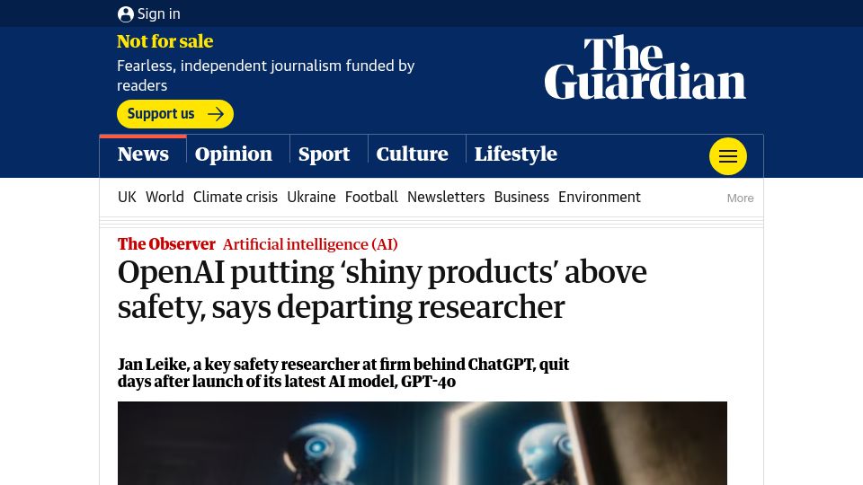 Screenshot of theguardian.com: OpenAI putting 'shiny products' above safety, says departing researcher