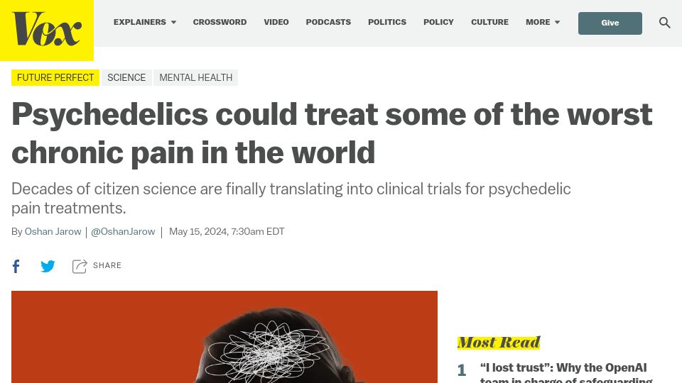 Screenshot of vox.com: Psychedelics could treat some of the worst chronic pain in the world