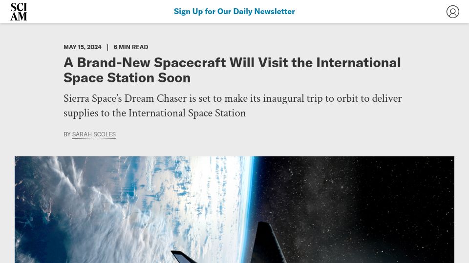 Screenshot of scientificamerican.com: The New 'Dream Chaser' Spacecraft Prepares to Visit the ISS