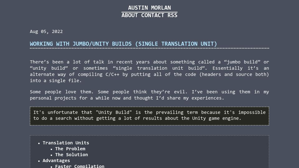 Screenshot of austinmorlan.com: Working with jumbo/unity builds in C/C++
