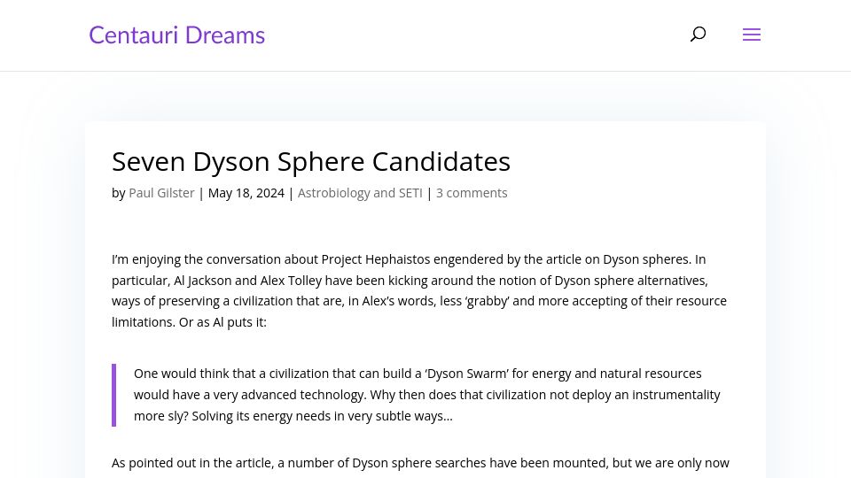 Screenshot of centauri-dreams.org: Seven Dyson Sphere Candidates