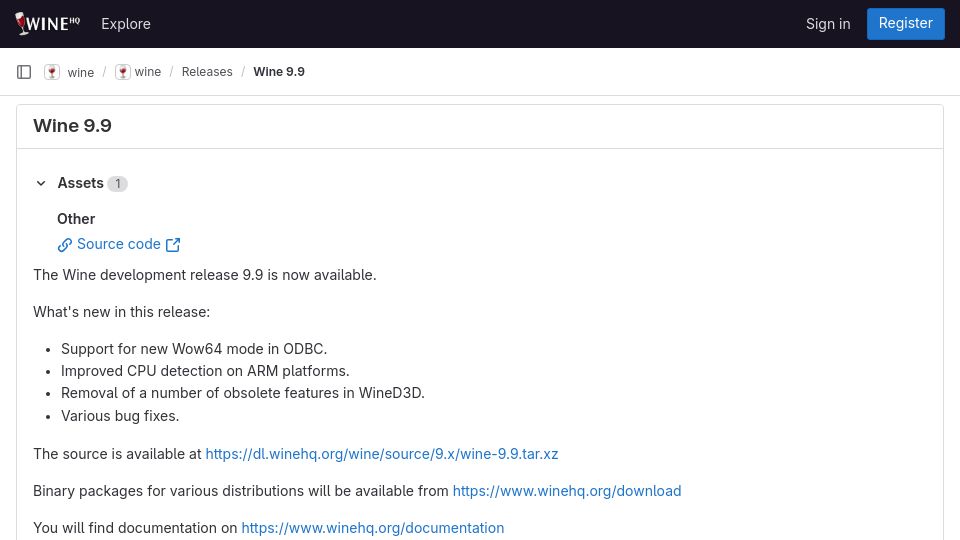 Screenshot of gitlab.winehq.org: Wine 9.9 (Dev) – Run Windows Applications on Linux, BSD, Solaris and macOS