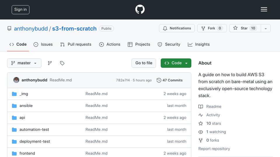 Screenshot of github.com: Show HN: GitHub – I tried to build AWS S3 from scratch