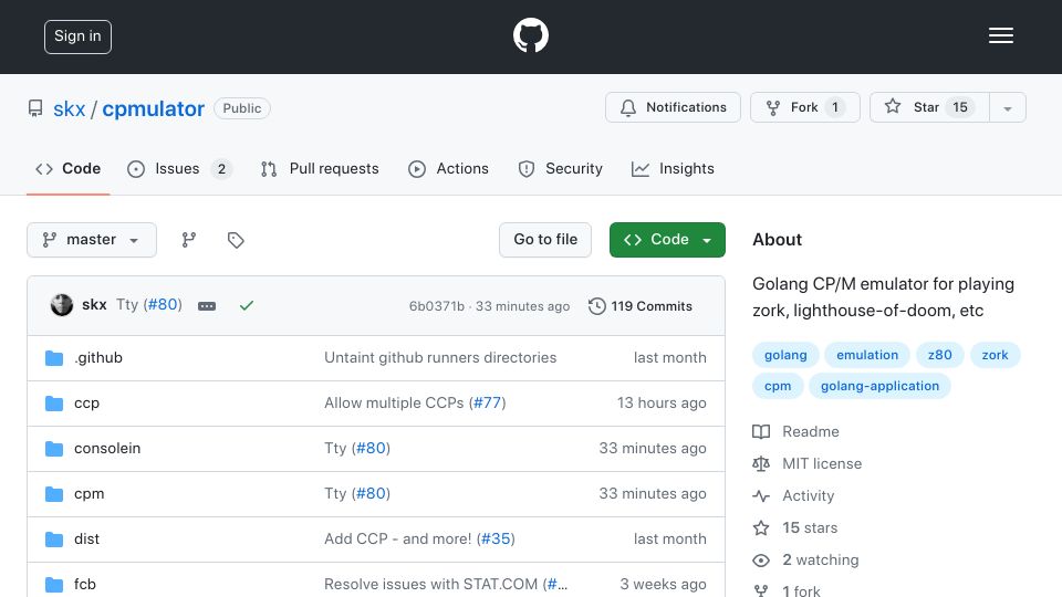 Screenshot of github.com: Show HN: A Golang CP/M emulator