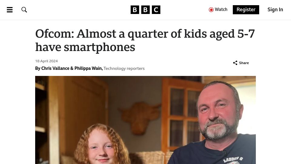 Screenshot of bbc.com: Almost a quarter of kids aged 5-7 have smartphones