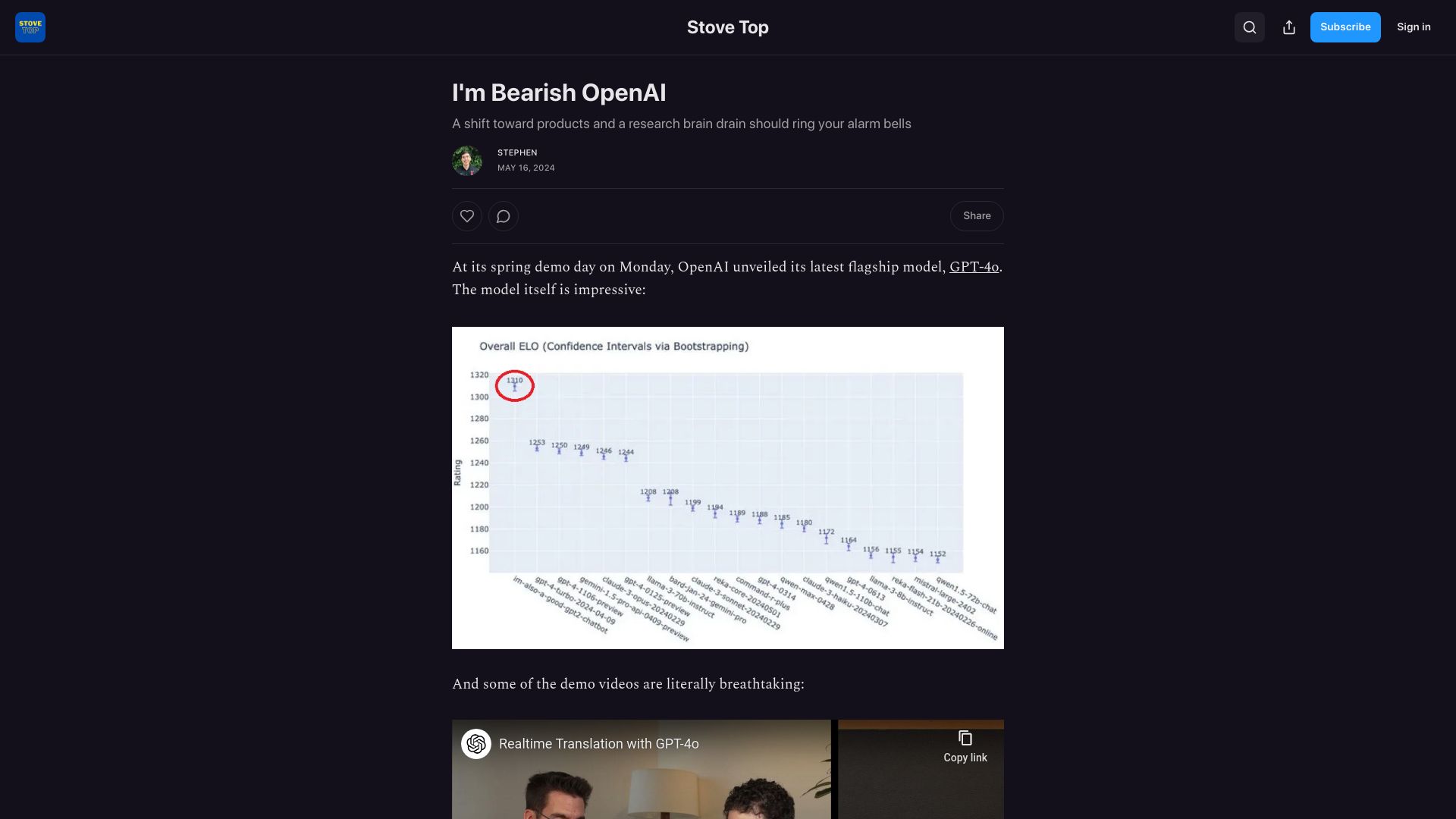 Screenshot of stovetop.substack.com: I'm Bearish OpenAI