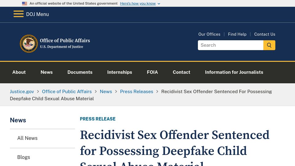 Screenshot of justice.gov: DOJ: Man sentenced to 14 years for posession of deepfake CSAM