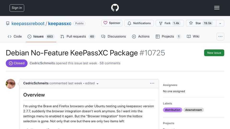 Screenshot of github.com: Debian removes KeePassXC browser integration