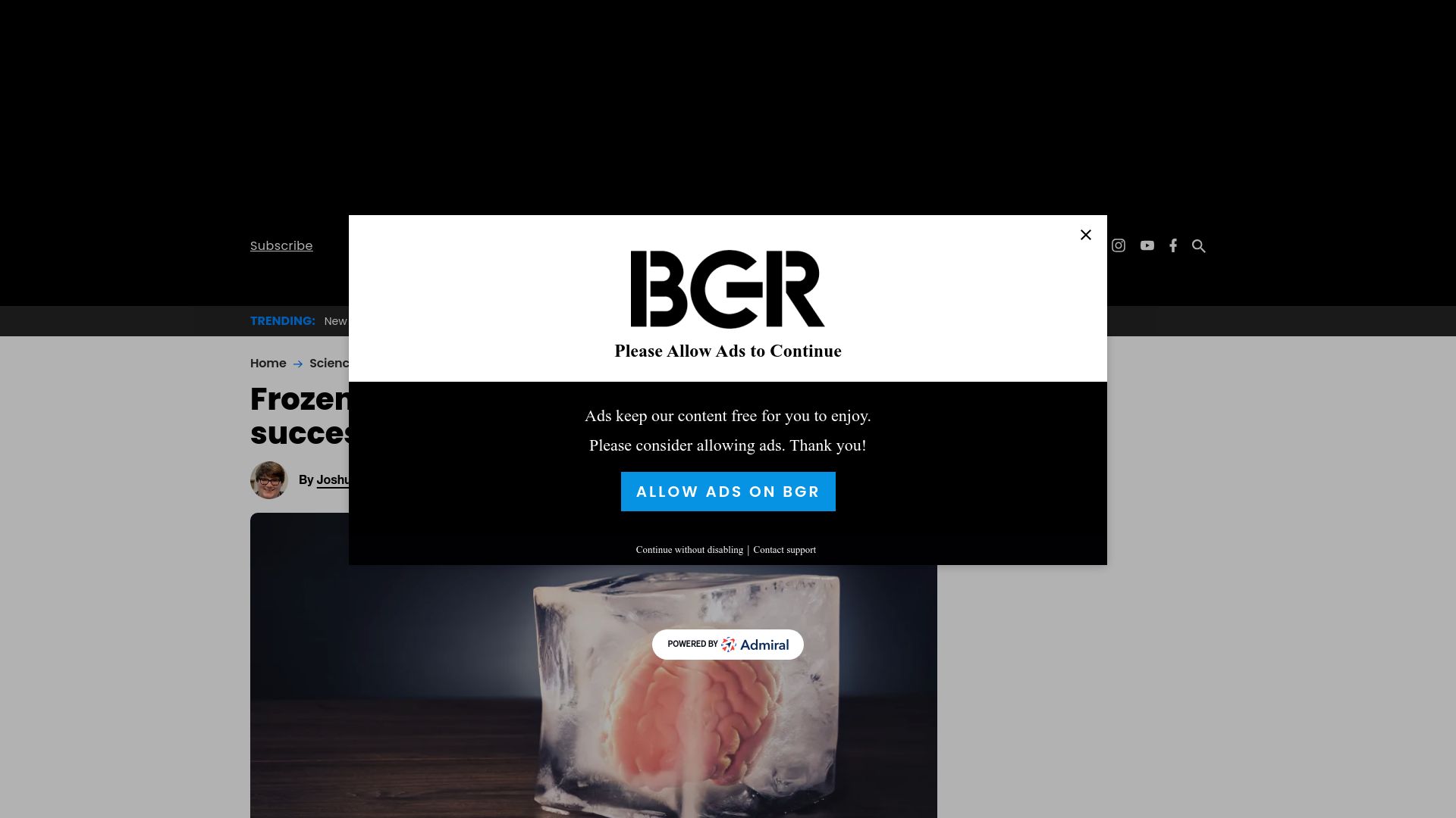 Screenshot of bgr.com: Frozen human brain tissue was successfully revived for the first time