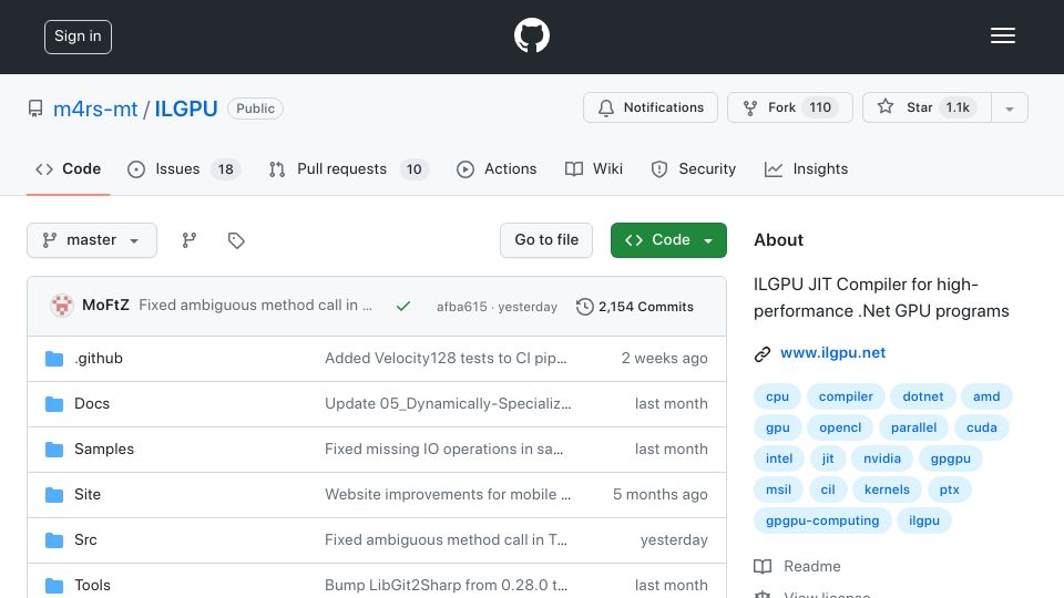 Screenshot of github.com: ILGPU: Write GPU programs with C# and F#