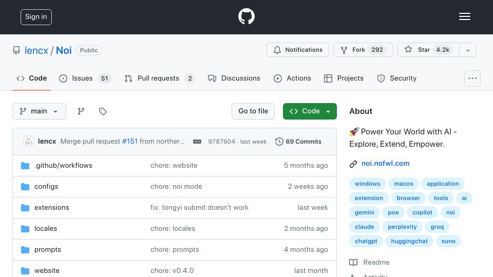 Screenshot of github.com: Noi: an AI-enhanced, customizable browser