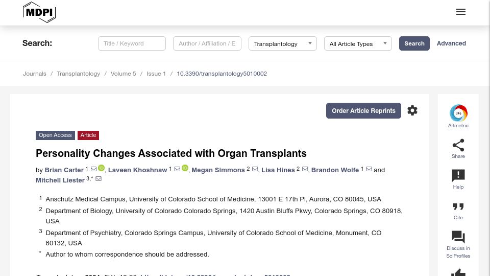Screenshot of mdpi.com: Personality changes associated with organ transplants