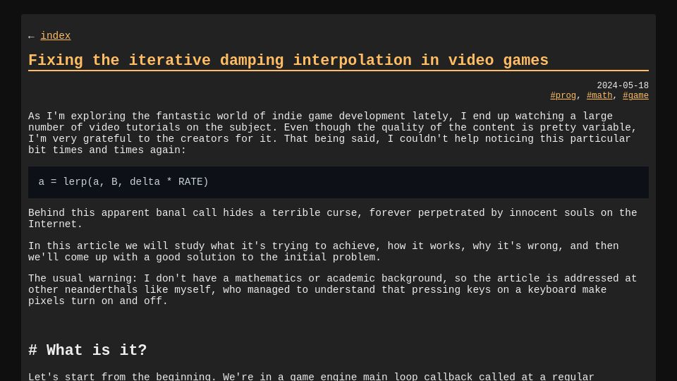 Screenshot of blog.pkh.me: Fixing the iterative damping interpolation in video games