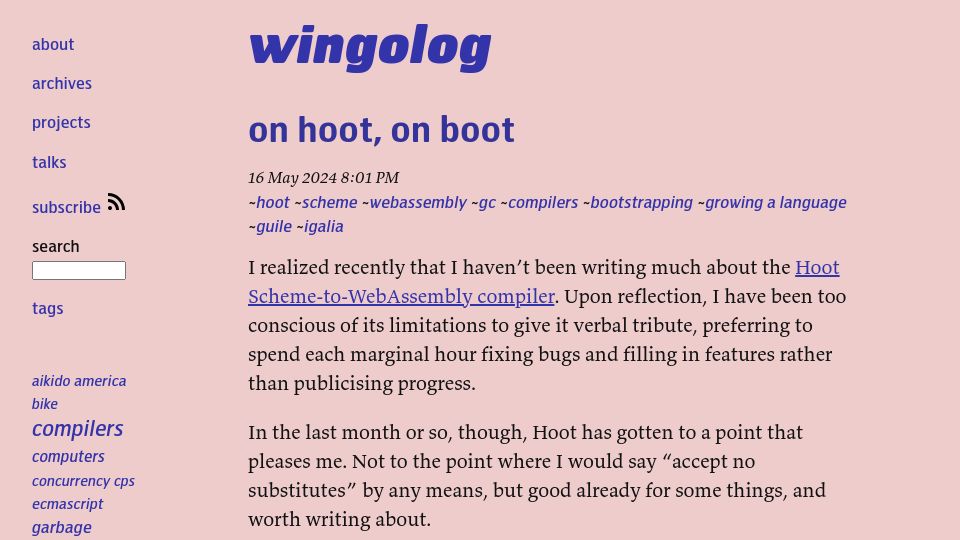 Screenshot of wingolog.org: On hoot, on boot