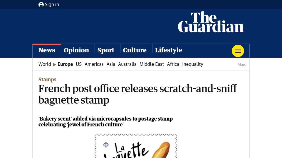 Screenshot of theguardian.com: French post office releases scratch-and-sniff baguette stamp