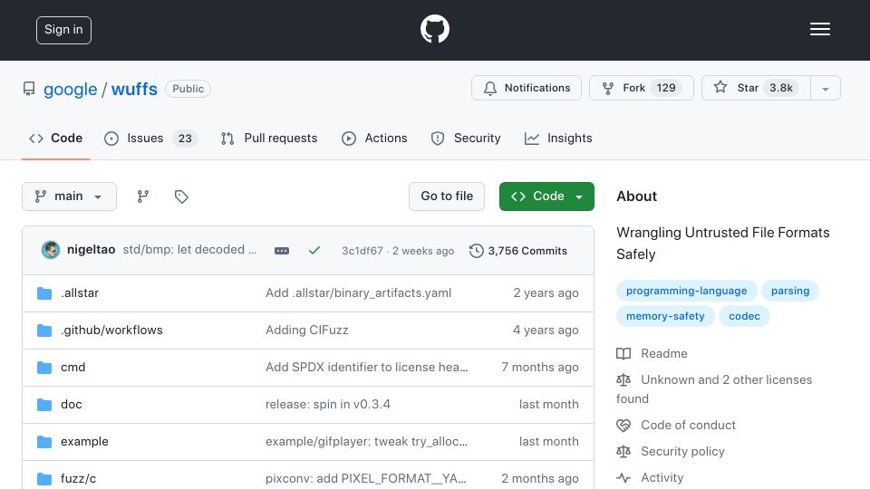 Screenshot of github.com: Wuffs: Wrangling Untrusted File Formats Safely