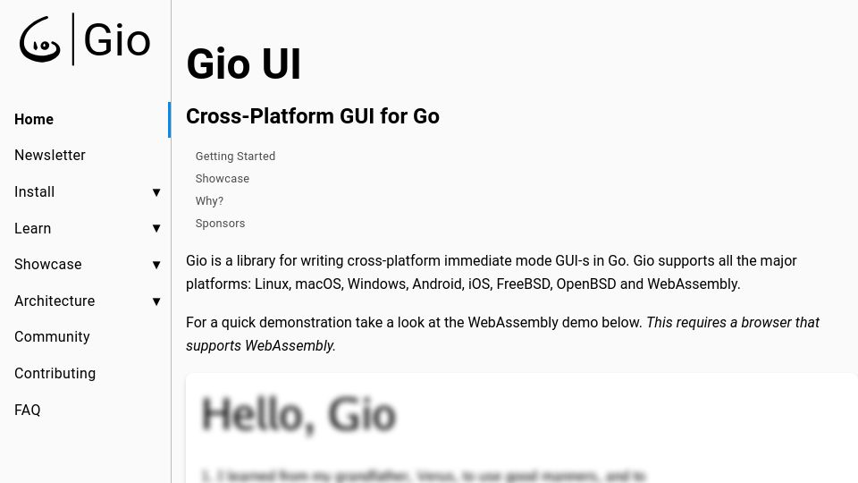 Screenshot of gioui.org: Gio UI – Cross-platform GUI for Go