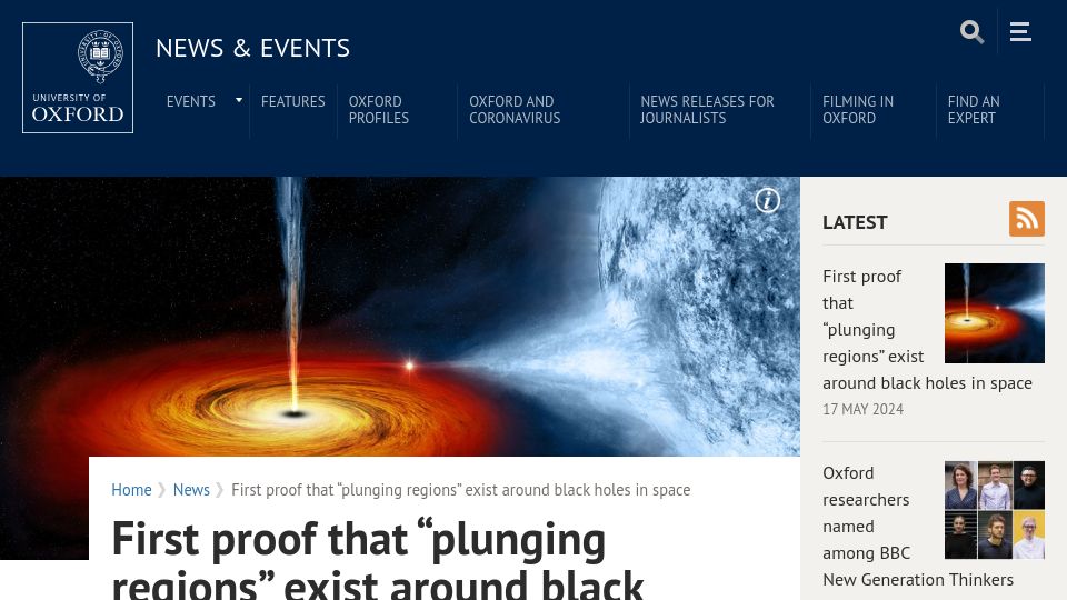 Screenshot of ox.ac.uk: First proof that "plunging regions" exist around black holes in space