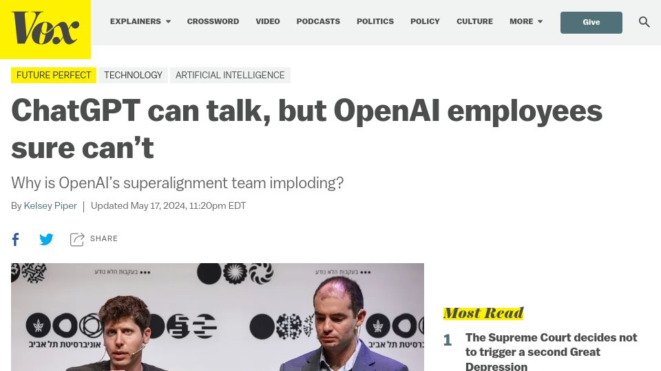 Screenshot of vox.com: OpenAI departures: Why can’t former employees talk?