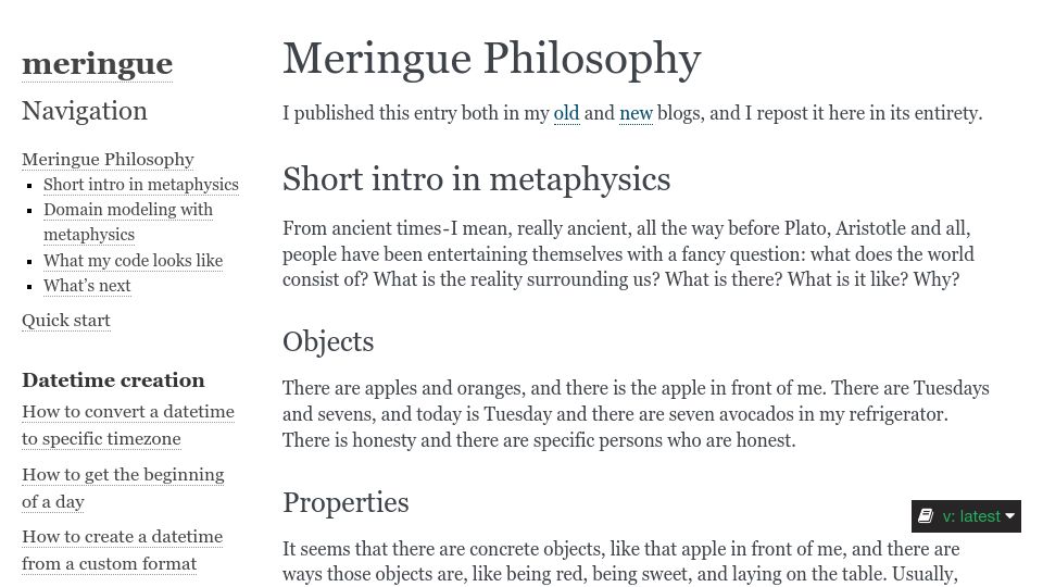 Screenshot of meringue.readthedocs.io: Meringue Philosophy
